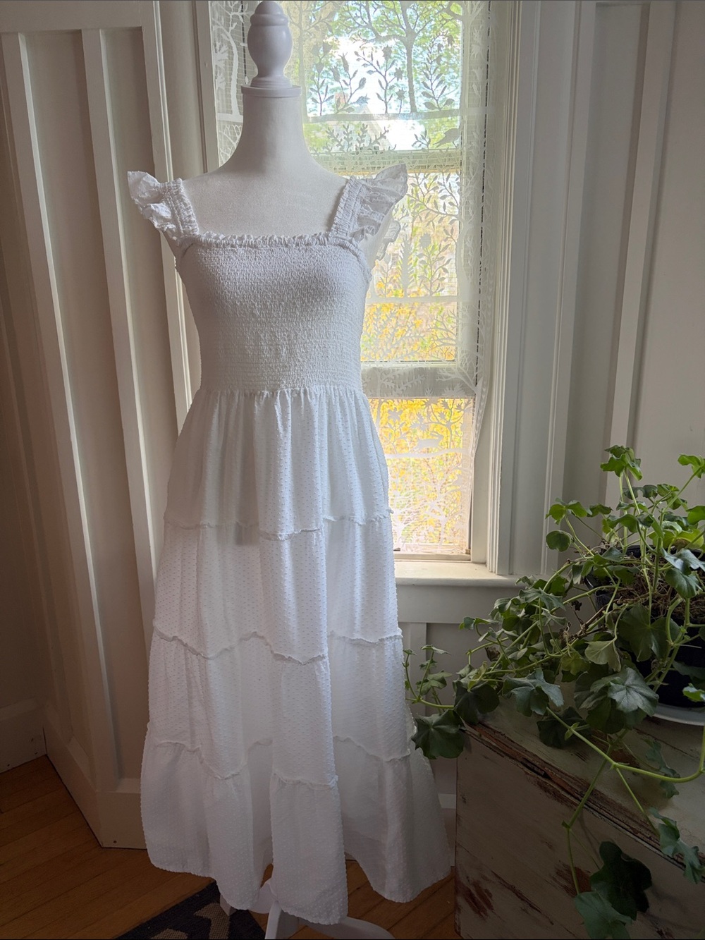 J. Crew White Smocked Tiered Swiss Dot Polkadot Maxi Dress with Ruffle Straps - Picture 6 of 9
